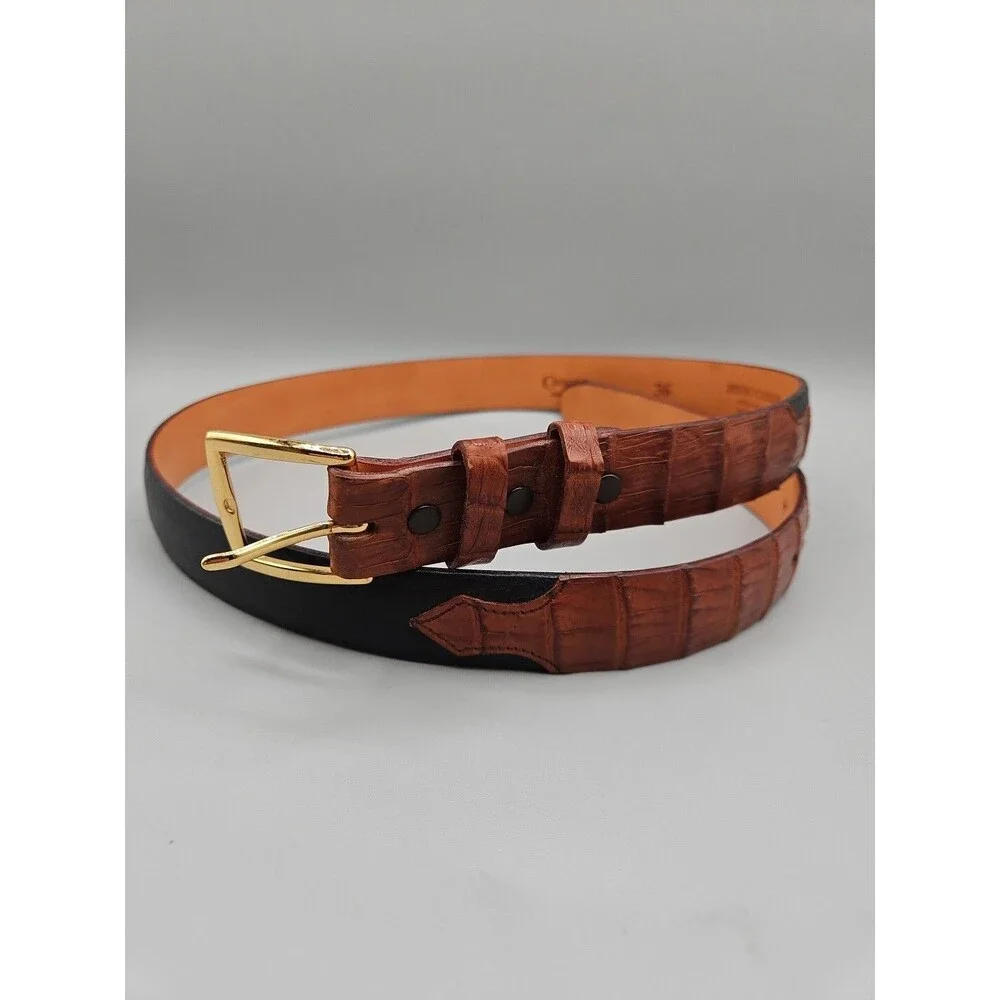 Caimen Bison Brown Black Leather Mens Crescent Belt Handcrafted In USA Size 36